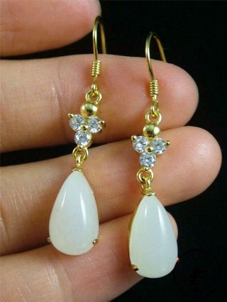 A Fine Old Chinese White Nephrite Jade Earrings Gilt Silver Hook