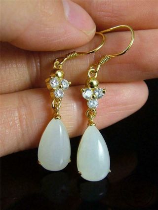 A Fine Old Chinese White Nephrite Jade Earrings Gilt Silver Hook 5