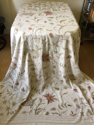 Vintage Linen Large Hand Made Crewel Bedcover.  Natural Cotton & Wool.  100 " X 70 "