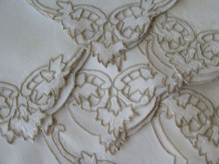 Vtg Antique Madeira Dinner Napkins W/ Taupe Hand Embroidery Leaves Set Of 8