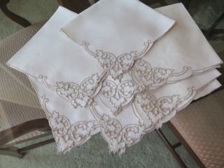 Vtg Antique Madeira Dinner Napkins w/ Taupe Hand Embroidery Leaves Set of 8 3