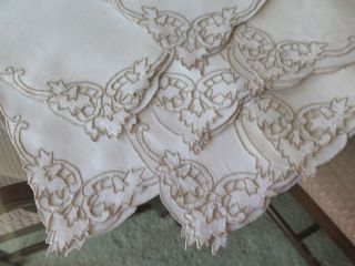 Vtg Antique Madeira Dinner Napkins w/ Taupe Hand Embroidery Leaves Set of 8 4