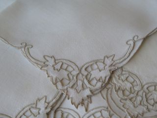 Vtg Antique Madeira Dinner Napkins w/ Taupe Hand Embroidery Leaves Set of 8 5