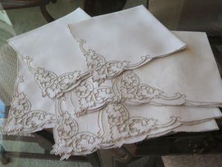 Vtg Antique Madeira Dinner Napkins w/ Taupe Hand Embroidery Leaves Set of 8 8