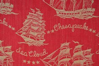 Fabric Vintage Bark Cloth Like Red White Ships Schooners 34x82 " Cutter 1940