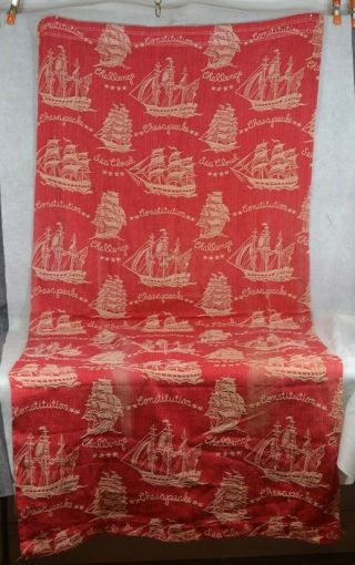 fabric vintage bark cloth like red white ships schooners 34x82 