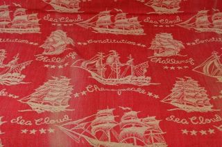 fabric vintage bark cloth like red white ships schooners 34x82 