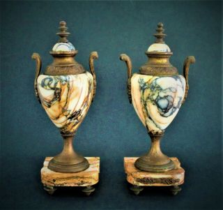 Antique French Art Decco Marble And Bronze Garniture Urns