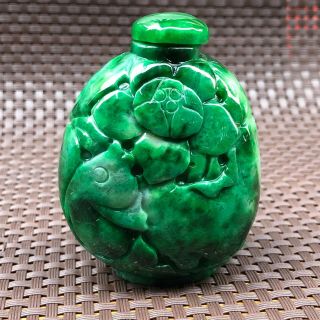 Rare Natural Green Jadeite Jade Handwork Chinese Carve Lotus & Fish Snuff Bottle
