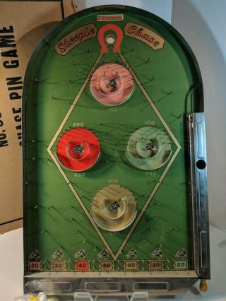 VTG 1930 ' s LINDSTROM ' S Steeple Chase Pin Ball Bagatelle Game Peg Marbles 2
