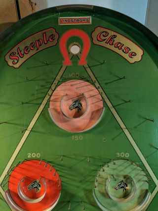 VTG 1930 ' s LINDSTROM ' S Steeple Chase Pin Ball Bagatelle Game Peg Marbles 3