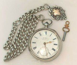 H.  White Sterling Silver Fusee Key Wind Pocket Watch W/ Sterling Chain & Fob
