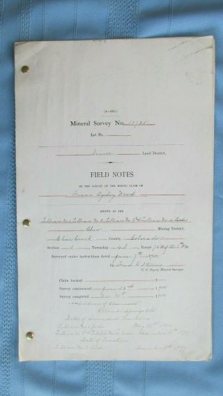 1900 Clear Creek County Mining Claim Survey Field Notes - Lillian Lode Claims -