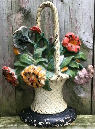 Antique Hubley Cast Iron Painted Basket Of Flowers Doorstop