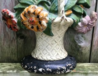 ANTIQUE HUBLEY CAST IRON PAINTED BASKET OF FLOWERS DOORSTOP 3