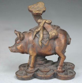 Chinese Brass Wealth Money Yuanbao Ruyi Zodiac Year Pig Pigs Animal Statue C01