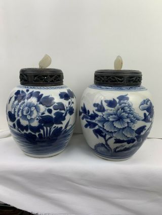 Two Antique Chinese Blue And White Jar With Wooden And Natural Jade Cover