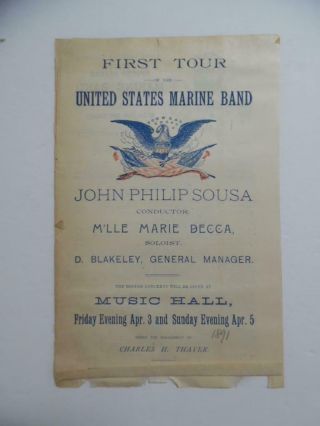 1891 John Philip Sousa United States Marine Band Program First Tour Boston Rare