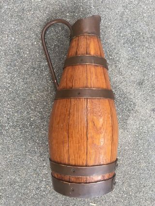 Antique Vtg Old Wood Oak Pitcher Copper Brass Wine Jug Bottle France Flask Rare