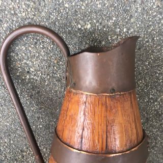 Antique Vtg Old Wood Oak Pitcher Copper Brass Wine Jug Bottle France flask RARE 3