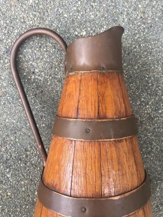 Antique Vtg Old Wood Oak Pitcher Copper Brass Wine Jug Bottle France flask RARE 4