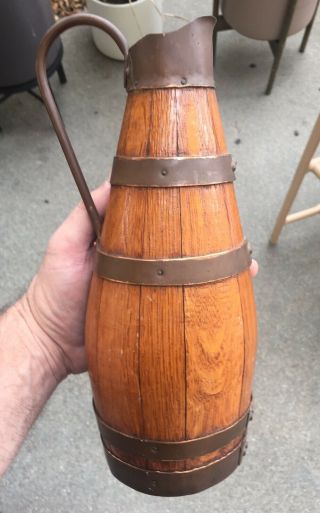 Antique Vtg Old Wood Oak Pitcher Copper Brass Wine Jug Bottle France flask RARE 7