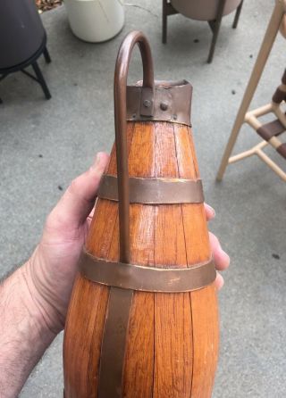 Antique Vtg Old Wood Oak Pitcher Copper Brass Wine Jug Bottle France flask RARE 8