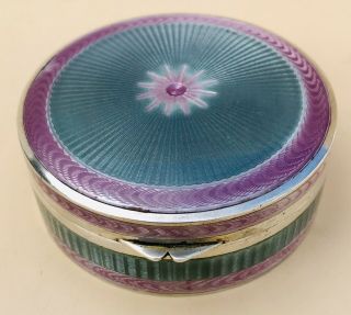 Lovely Large Circular German Solid Silver Guilloche Enamel Box,  C1900