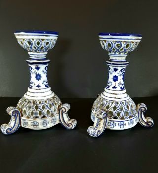 Vintage Japanese Porcelain Large Candle Holders Cobalt and White Holds 2 sizes 2