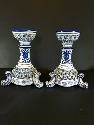 Vintage Japanese Porcelain Large Candle Holders Cobalt and White Holds 2 sizes 3
