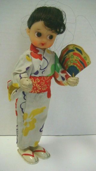 Vintage Line Mar ? Geisha Japanese Doll Toy Wind Up Tin Litho Feet Fan