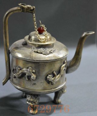 Tibet Exorcism Collectable Handwork Miao Silver Carve Lizard & Dragon Tea Pots