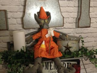 Primitive Summer Halloween Black Cat Witch Doll Candy Corn Broom Decor Doll
