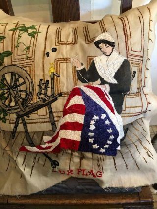 Antique Embroidery Betsy Ross " Our Flag " Victorian Pillow Top Or Picture Rare