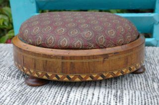 Antique Victorian Needlepoint Foot Stool Marquetry & Bun Feet Country House Chic