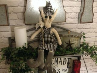 Primitive Summer Halloween White Cat Witch Doll With Broom Ornie Decor