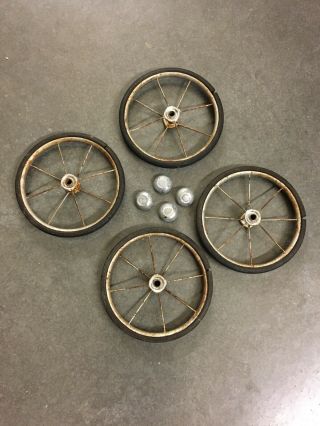 Set Of 4 Vtg Baby Buggy Carriage Stroller Wire Spoke Rubber Wheels 8” Steampunk