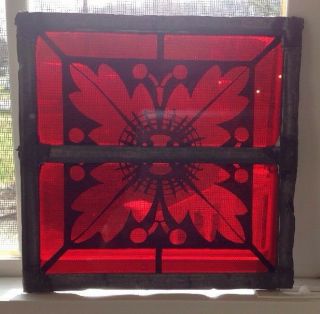 Antique Architectural Salvage Leaded Stained Glass Red Painted Floral Medallion