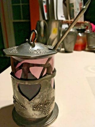 4 Piece Orivit Jugendstil Art Nouveau Pewter Base Spoon & Lid,  Glass Cup