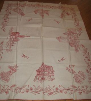 Antique/vintage French Linen Tablecloth Red Embroidery Alsace Figural