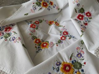 Vintage Hand Embroidered Cotton Tablecloth Floral Flowers Crochet Tatting Edging