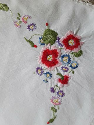 Vintage hand embroidered cotton tablecloth floral flowers crochet tatting edging 5