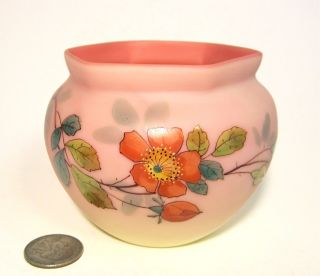 Antique Victorian Webb Burmese Satin Art Glass Floral Flowers 3 " Vase Sugar Bowl