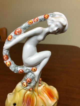 VTG 1930 ' s Art Deco Nude Nymph Lotus Flower Vase Frog Porcelain Figurine Germany 5