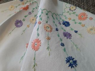 Vintage Hand Embroidered Linen Tablecloth Floral Spring Flowers Pastels 33 X 34 "