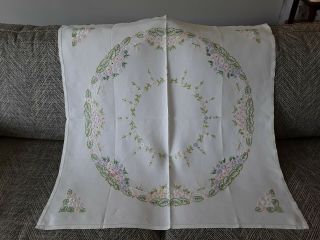 Vintage Hand Embroidered Linen Tablecloth Floral Vgc Spring Flowers Pastels