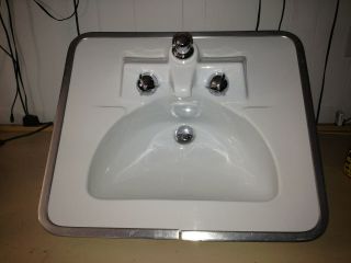 Crane 1955 Marcia Bathroom Sink - Built In Faucet W/ Hardware,  Mid - Century White