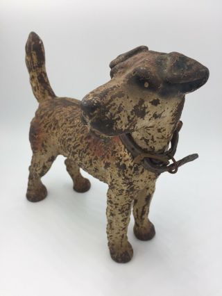 Antique Hubley Wire Fox Terrier Airedale Doorstop LEATHER COLLAR 2