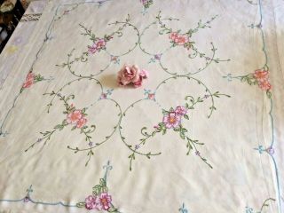 Vintage Linen Hand Embroidered Tablecloth Cut Work Floral