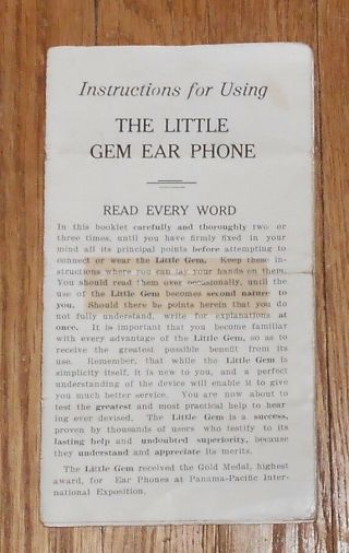 C1920 Antique Pamphlet Instructions For Using The Little Gem Ear Phone